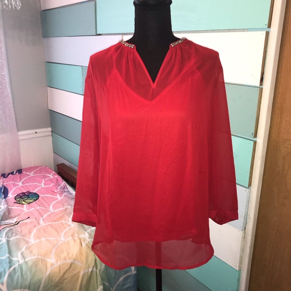 Liz Claiborne 3/4-Sleeve Embellished V- Neck Blouse Size XL. Red, Rhinestones - Picture 2 of 7